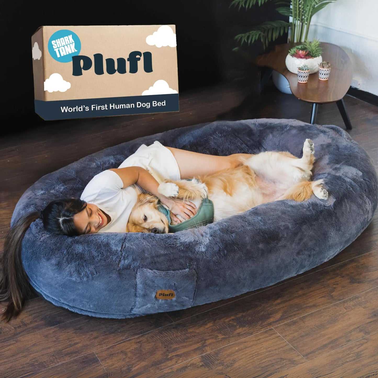 Plufl The Original Human Dog Bed for Adults Kids and Pets. As Seen on Shark Tank. Comfy Plush Large Bean Bag with Memory Foam Machine Washable and Durable. Perfect nap and Floor Bed - Black
