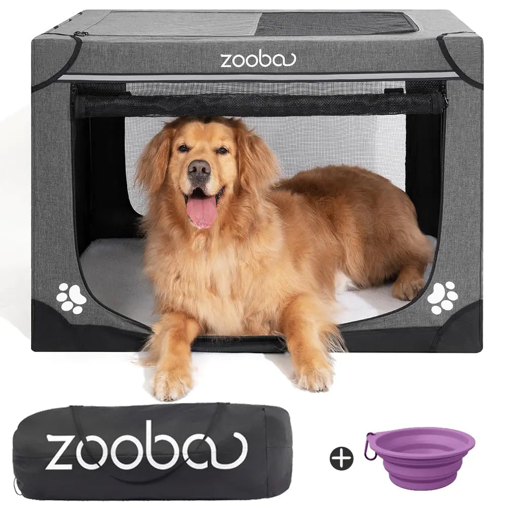 Zooba 36" Portable Soft Dog Crate for Large Dogs - Collapsible Travel Kennel with Carry Bag Foldable Cage with Durable Textilene Mesh Door Plush Bed - Ideal for Home or Travel - Charcoal Gray