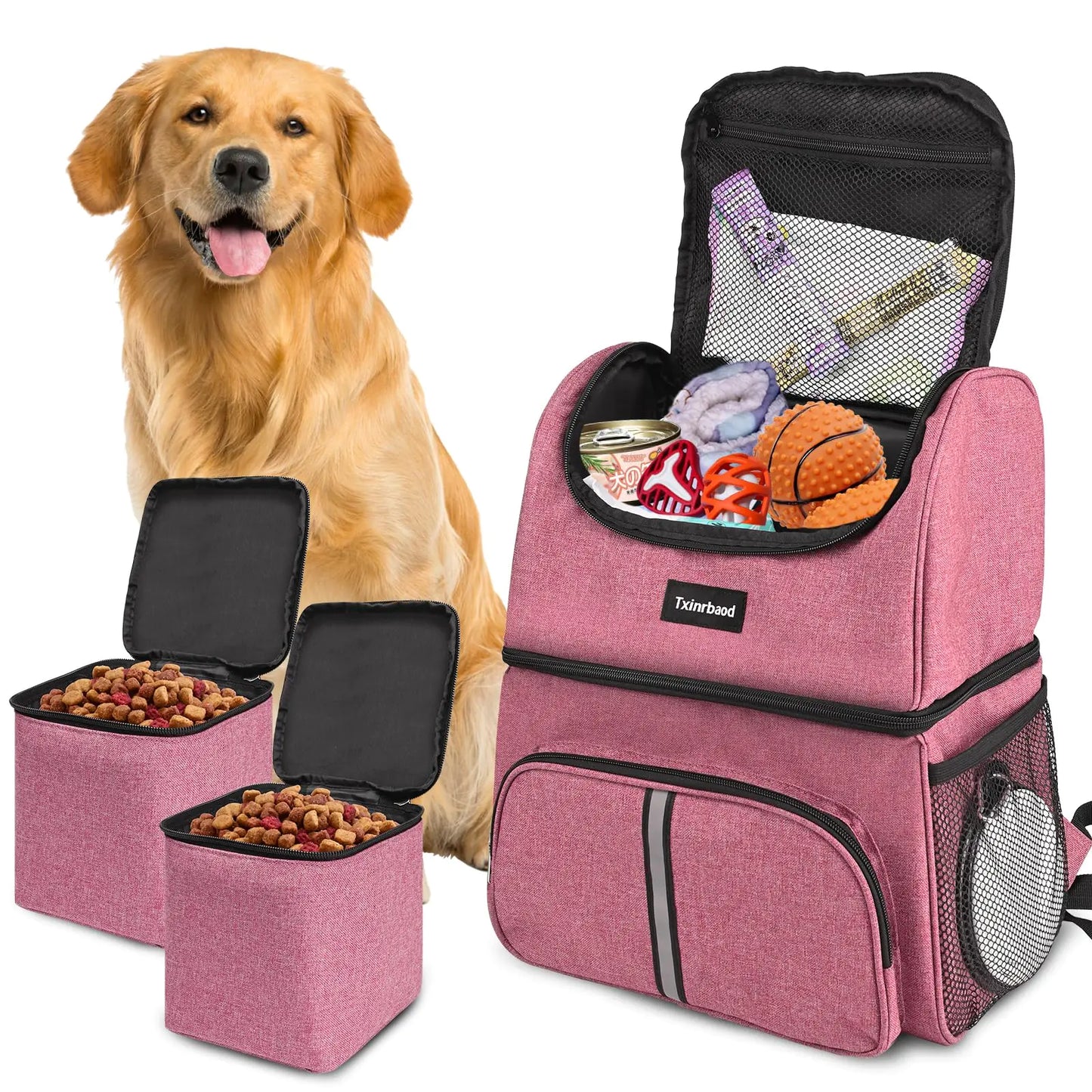 Txinrbood Hunde-Reisetasche, Hunde-Rucksack mit Futterbehälter für Wander- und Campingausflüge, Rosa