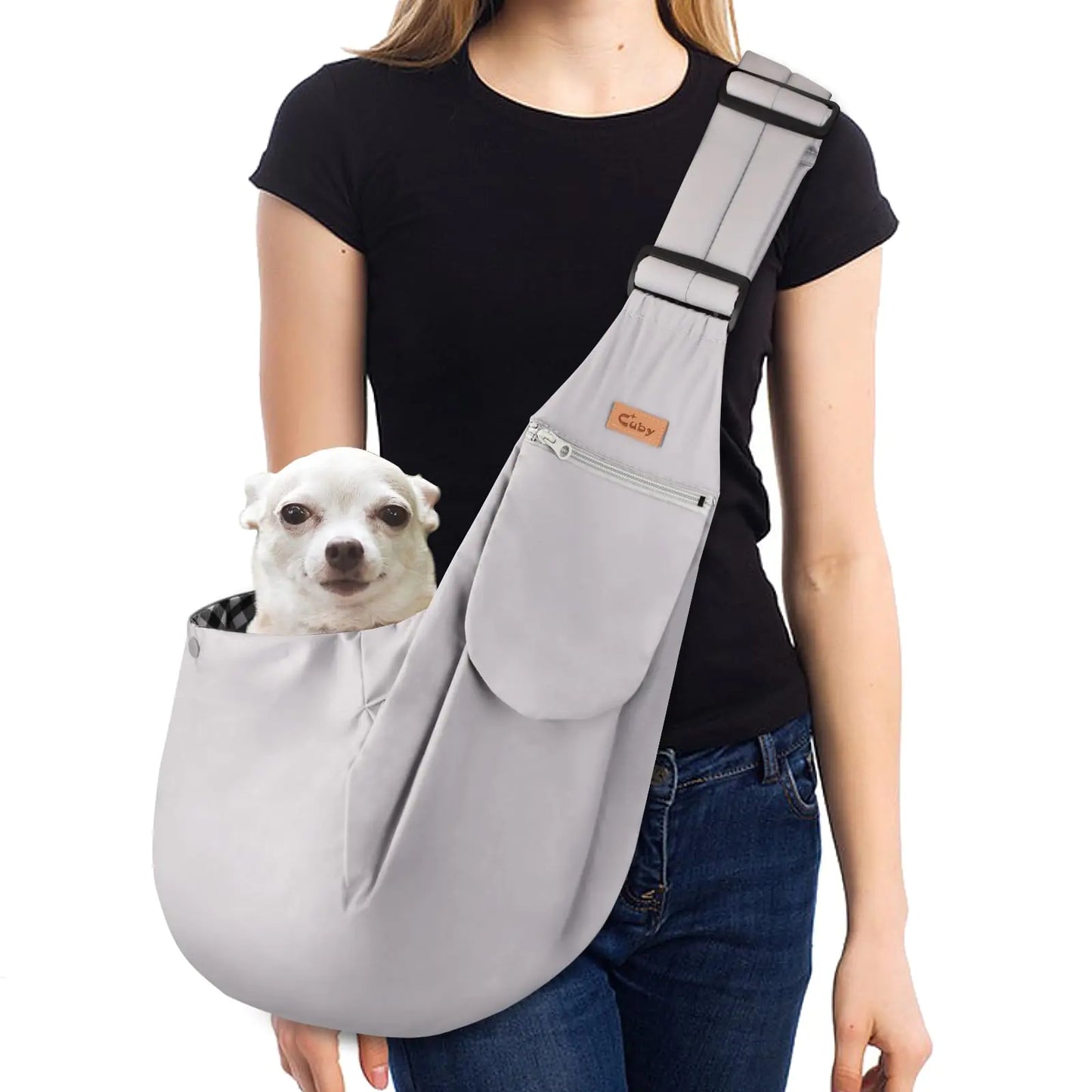 CUBY Dog and Cat Sling Carrier Hands Free Reversible Pet Papoose Bag Soft Pouch Adjustable Suitable for Puppy Cats for Outdoor Travel (Grey Classic S-Adjustable Strap)