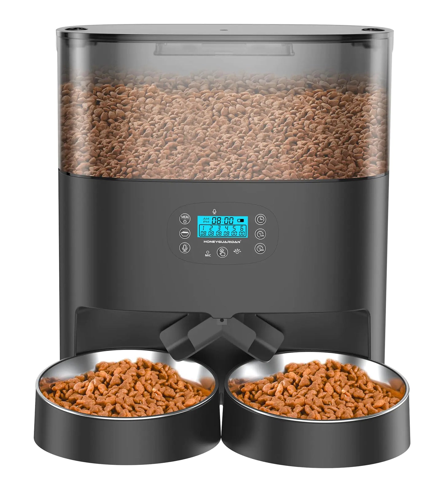 HoneyGuaridan 6L Automatic Cat Feeder for 2 Pets Pet Food Dispenser for Cat and Dog with Desiccant Box Timer Feeder Portion Control 1-6 Meals per Day Dual Power Supply Voice Recorder Black