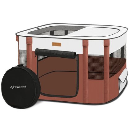 Hunde-Laufstall - Faltbarer Katzen-Laufstall für Kätzchen, Kaninchen, tragbares Haustierzelt mit Tragetasche für drinnen/draußen, Reisen, Camping (Braun-Groß)