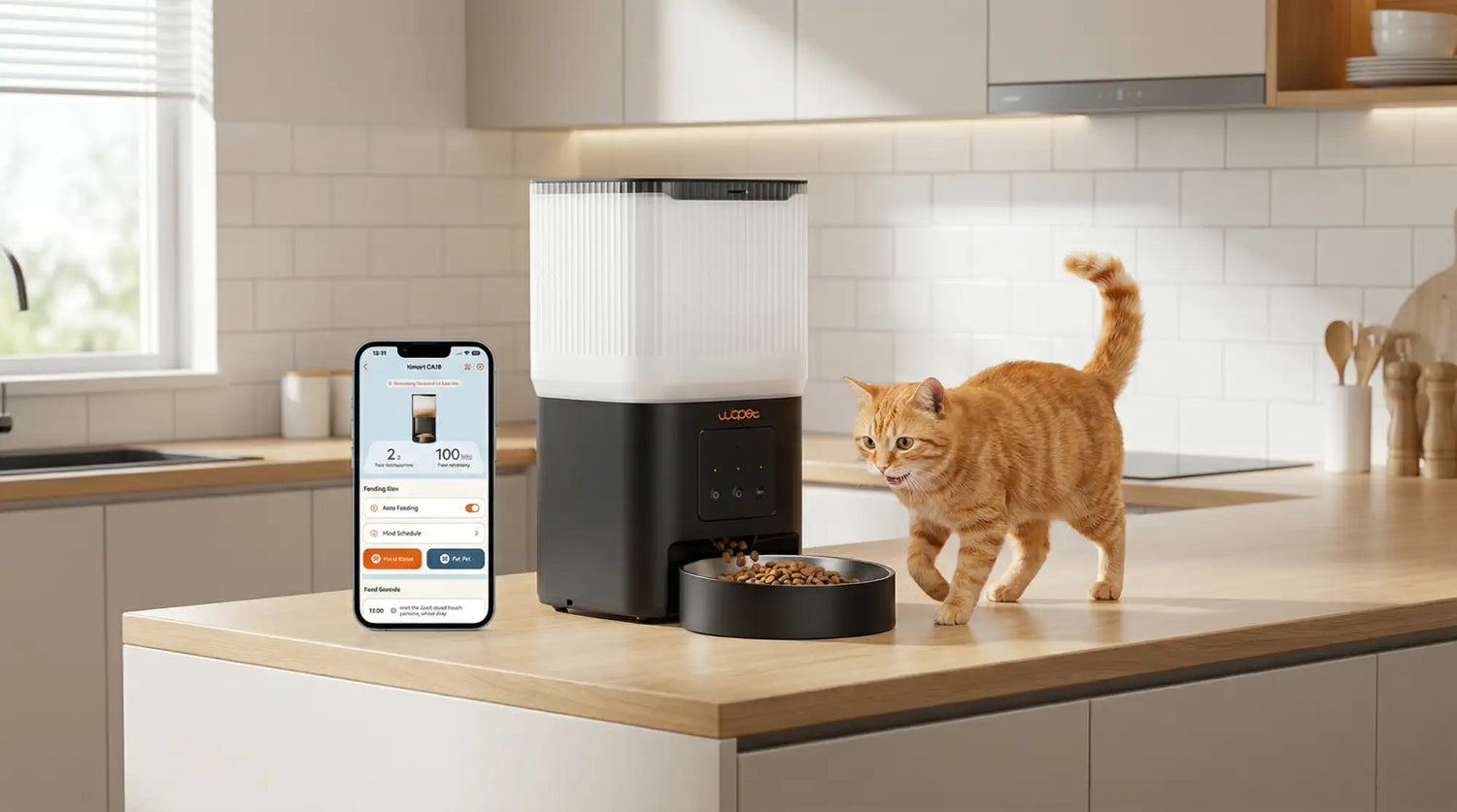 Black and white woof pet feeder with digital display and food bowl