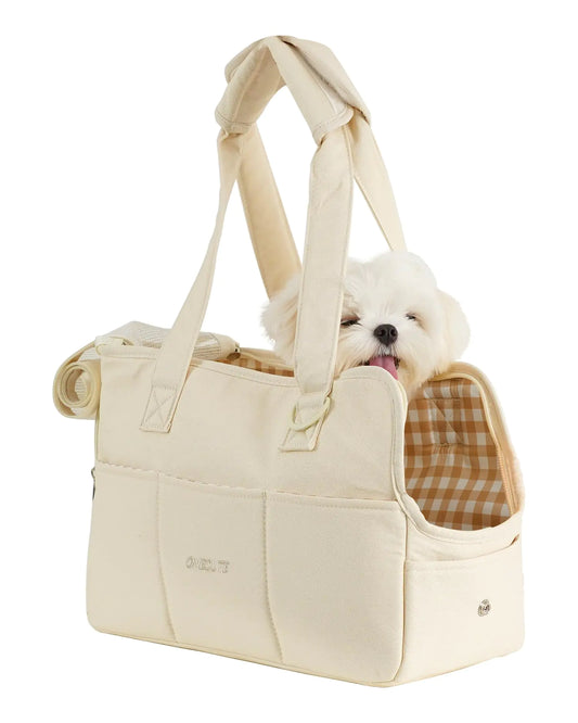 ONECUTE Dog Carrier for Small Dogs Rabbit cat with Large Pockets Cotton Bag Dog Carrier Soft Sided Collapsible Travel Puppy Carrier (Beige 17" L x 7.5" W x 12" H)