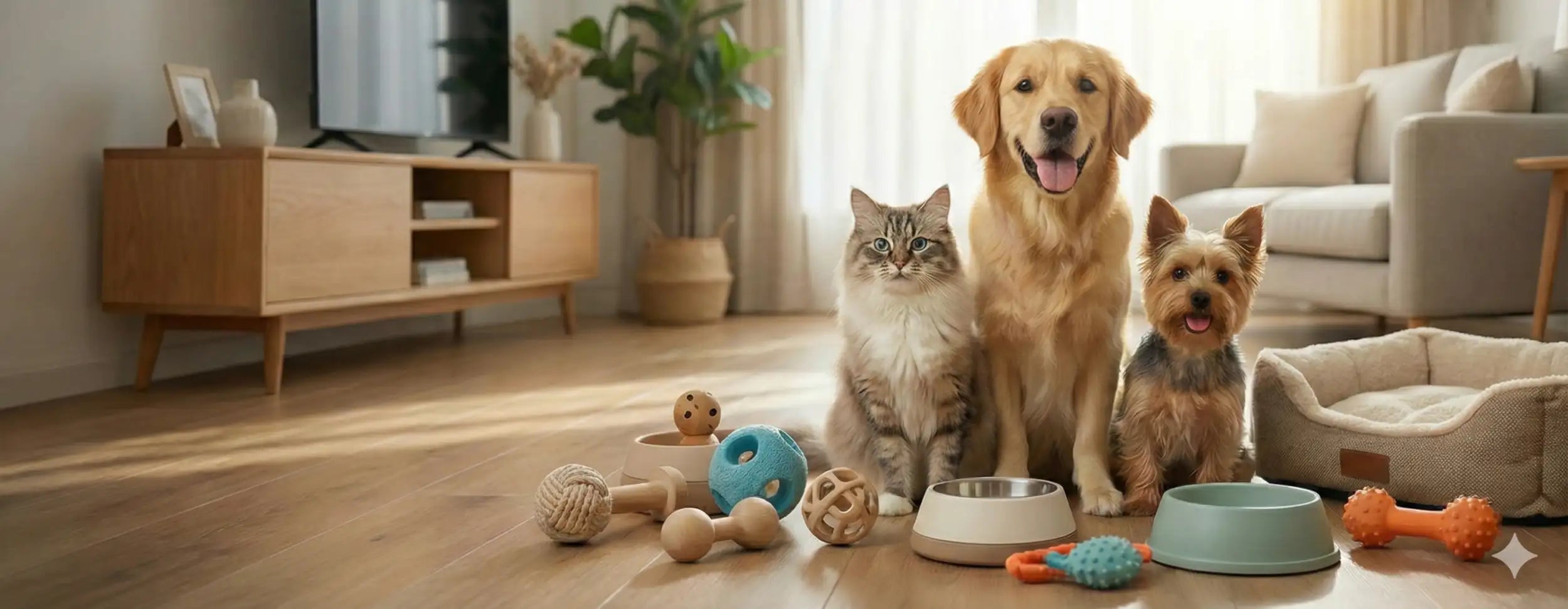 Golden retriever dog with fluffy golden fur and a happy expression sitting on the floor next to its cat companion.