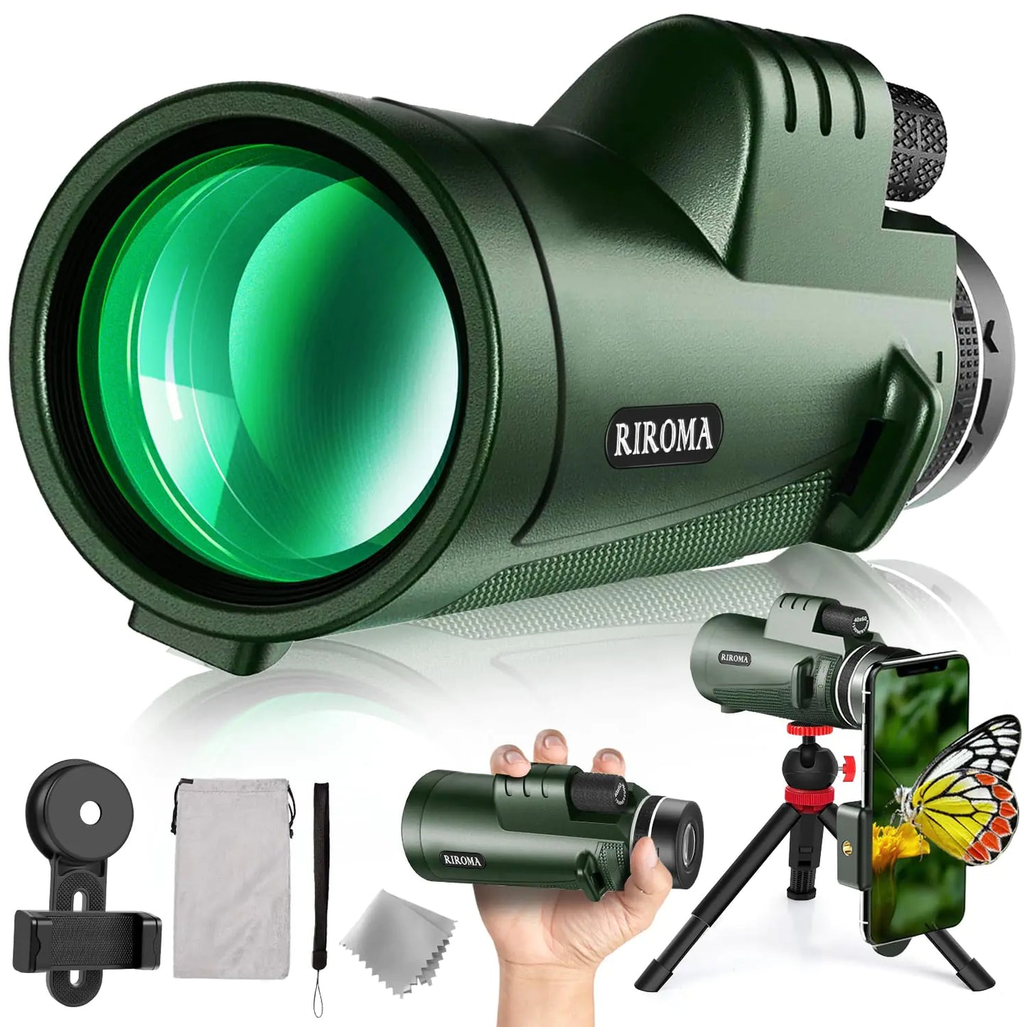 Green 40X60 Monocular Telescope with Smartphone Holder & Tripod Power Prism Compact Monoculars for Adults Kids HD Monocular Scope for Bird Watching Hiking Concert Travelling