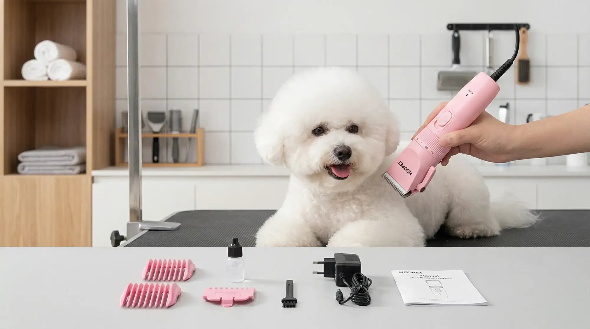 Pink electric pet clipper with detachable pink comb attachments and a black power cord