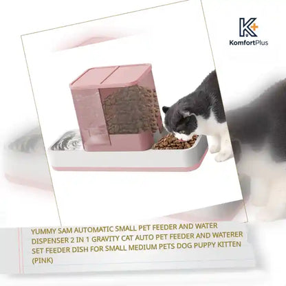 Yummy Sam Automatic Small Pet Feeder and Water Dispenser 2 in 1 Gravity Cat Auto Pet Feeder and Waterer Set Feeder Dish for Small Medium Pets Dog Puppy Kitten (Pink) by@Outfy