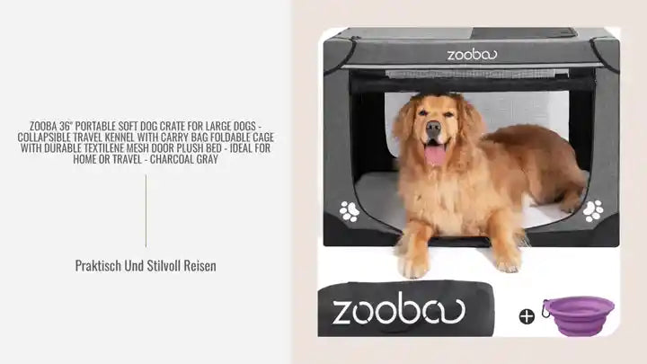 Zooba 36" Portable Soft Dog Crate for Large Dogs - Collapsible Travel Kennel with Carry Bag Foldable Cage with Durable Textilene Mesh Door Plush Bed - Ideal for Home or Travel - Charcoal Gray by@Outfy