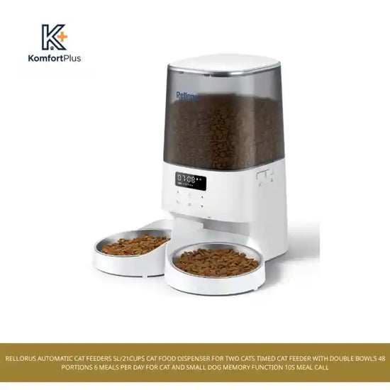 Rellorus Automatic Cat Feeders 5L/21Cups Cat Food Dispenser for Two Cats Timed Cat Feeder with Double Bowls 48 Portions 6 Meals Per Day for Cat and Small Dog Memory Function 10s Meal Call by@Outfy