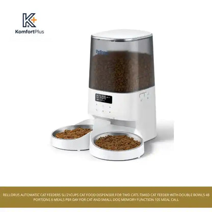 Rellorus Automatic Cat Feeders 5L/21Cups Cat Food Dispenser for Two Cats Timed Cat Feeder with Double Bowls 48 Portions 6 Meals Per Day for Cat and Small Dog Memory Function 10s Meal Call by@Outfy
