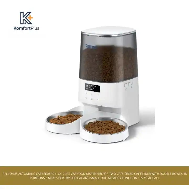 Rellorus Automatic Cat Feeders 5L/21Cups Cat Food Dispenser for Two Cats Timed Cat Feeder with Double Bowls 48 Portions 6 Meals Per Day for Cat and Small Dog Memory Function 10s Meal Call by@Outfy