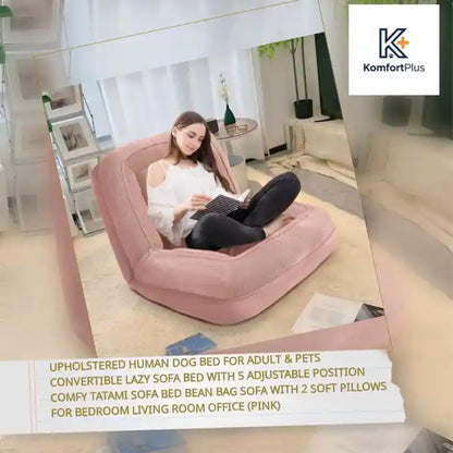 Upholstered Human Dog Bed for Adult &amp; Pets Convertible Lazy Sofa Bed with 5 Adjustable Position Comfy Tatami Sofa Bed Bean Bag Sofa with 2 Soft Pillows for Bedroom Living Room Office (Pink) by@Outfy