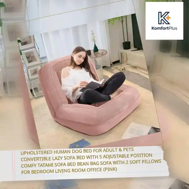 Upholstered Human Dog Bed for Adult &amp; Pets Convertible Lazy Sofa Bed with 5 Adjustable Position Comfy Tatami Sofa Bed Bean Bag Sofa with 2 Soft Pillows for Bedroom Living Room Office (Pink) by@Outfy