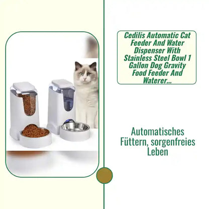 Cedilis Automatic Cat Feeder and Water Dispenser with Stainless Steel Bowl 1 Gallon Dog Gravity Food Feeder and Waterer Set Self Feeding Pet Food Dispenser for Cat Dog Puppy Kitten by@Outfy