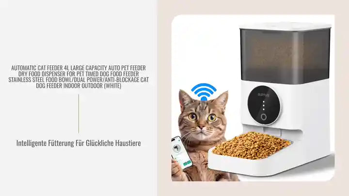 Automatic Cat Feeder 4L Large Capacity Auto Pet Feeder Dry Food Dispenser for Pet Timed Dog Food Feeder Stainless Steel Food Bowl/Dual Power/Anti-Blockage Cat Dog Feeder Indoor Outdoor (White) by@Outfy