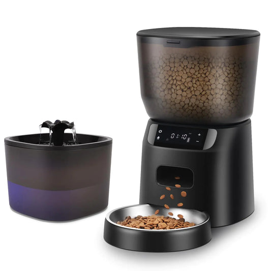 Automatic Cat Feeder and Water Fountain 4L/16 Cups Automatic Cat Food Dispenser10s Meal Call and Timer Setting 20 Portions 6 Meals Per DayPet Feeder for Cat and Dog Black