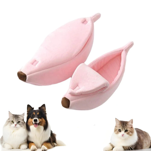 Banana Shaped Pet Bed Cute Soft Semi-Enclosed Sleeping Bag for Dog Cat Washable Winter Warm Deep Sleep Pet Kennel Pets Thickened Cushion House for Kittens Rabbits Sleep (Pink S)